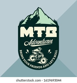 Vector mountain biking badge, logo, label with rider on a bike and mountain silhouette. Downhill, enduro, cross-country biking illustration