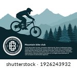 Vector mountain biking illustration with a cyclist, mountains and pines