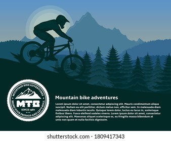 Vector mountain biking illustration with a cyclist, mountains and trees