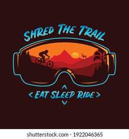 Vector mountain biking illustration with a cyclist, mountains and wild nature