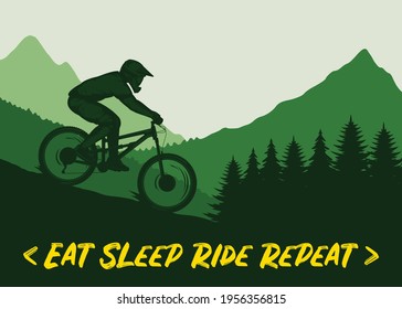 Vector mountain biking illustration with a cyclist, mountains and trees