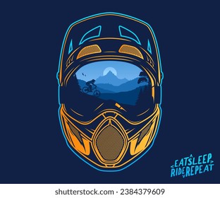 Ilustración de ciclismo de montaña vectorial con un ciclista, montañas y naturaleza salvaje. Casco de la cara completa del mtb con gafas