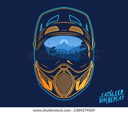 Vector mountain biking illustration with a cyclist, mountains and wild nature. Full face mtb helmet with goggles