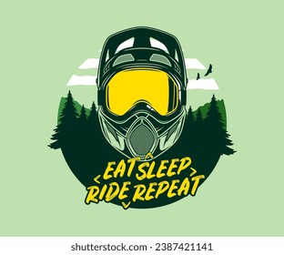 Vector mountain biking illustration with full face helmet, mountains and pine trees