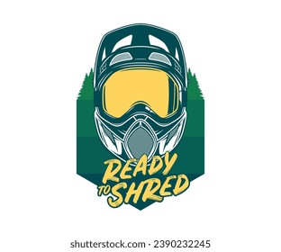 Ilustración de ciclismo de montaña vectorial con casco facial completo, gafas y pinos