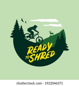 Vector mountain biking illustration with a rider, mountains and pine trees