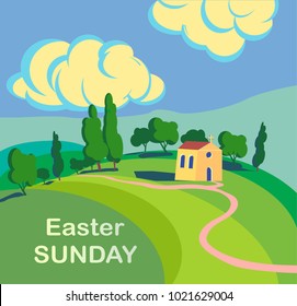 Vector mountain Calvary with three crosses with sky and sun