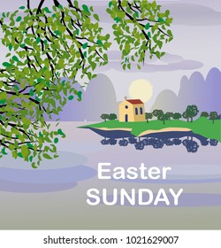 Vector mountain Calvary with three crosses with sky and sun