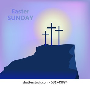 Vector mountain Calvary with three crosses with sky and sun