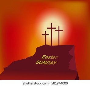Vector mountain Calvary with three crosses with sky and sun