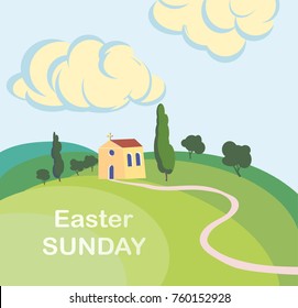Vector mountain Calvary with three crosses with sky and sun