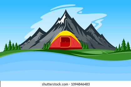 Vector mountain camping illustration with tourist tent, green meadow, lake, mountain and pine trees.