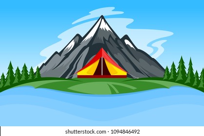 Vector mountain camping illustration with tourist tent, green meadow, lake, mountain and pine trees.