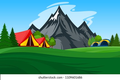 Vector mountain camping illustration with tourist tents, green meadow, mountain and trees.