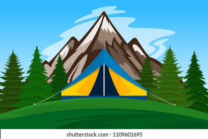 Vector mountain camping illustration with tourist tents, green meadow, mountain and trees.