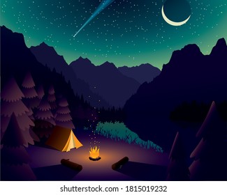 Vector Mountain Campsite Near Lake with Starry Night