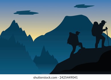 Vector mountain climber silhouette at dusk.