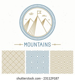 Vector mountain design kit - abstract round emblem and seamless patterns in line style