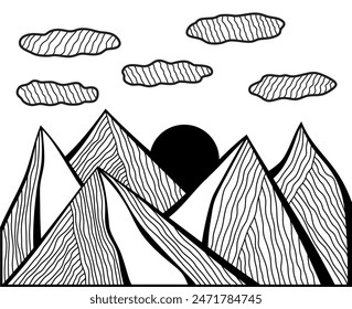 Vector mountain design with triangle and line geometric style. Sky and sun. Black and white colors.