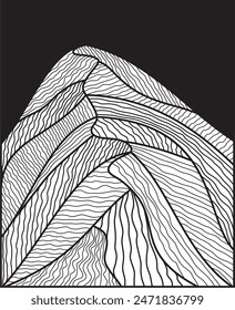 Vector mountain design with wavy lines geometric style. Black background. White and black colors.