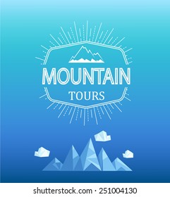Vector mountain emblem in outline style. Geometric crystal mountain and clouds in polygon style.  