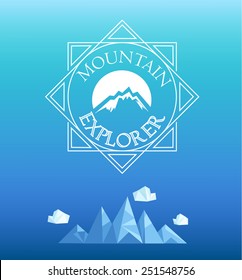 Vector mountain emblem in outline style. Geometric crystal mountain and clouds in polygon style.  
