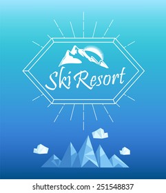 Vector mountain emblem in outline style. Geometric crystal mountain and clouds in polygon style.  