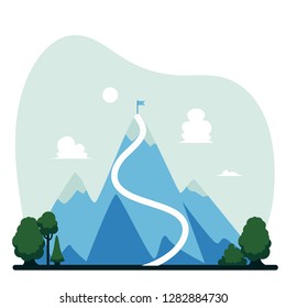 Vector mountain with flag on its top. Concept of success, achievement and long career path. Business leadership, challenge and setting objectives symbol.