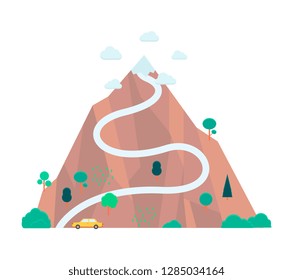 Vector mountain with flag on its top. Concept of success, achievement and long career path. Business leadership, challenge and setting objectives symbol.
