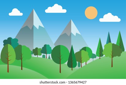 vector mountain flat with tress and grasslands