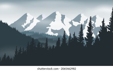 vector mountain, fog and forest landscape