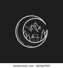 vector of mountain forest camp with crescent moon mono line style illustration.