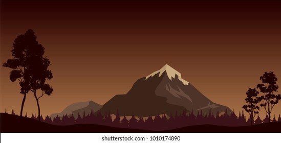 vector mountain and forest landscape in brown colors. seasonal nature illustration, autumn