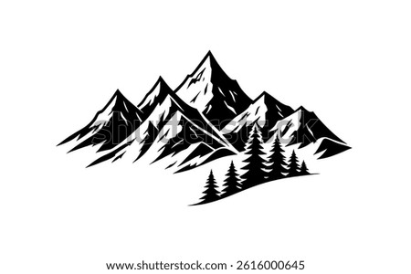 Vector mountain and forest landscape silhouette featuring wildlife png adventure elements. Ideal for hiking, camping, climbing, travel logos, png winter holiday designs. Rugged and scenic backdrop.	