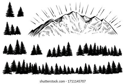 Vector mountain with forest silhouette. Sketch rocky peak with sun rays and pine trees.