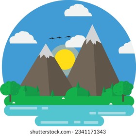 vector mountain with green trees and sea in circle