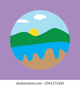 vector mountain with green trees and sea in circle