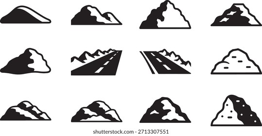 Definição de ícones de montanha de vetor. Silhuetas de montanha pico da natureza ao ar livre.