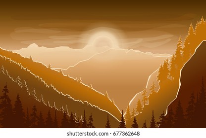 Vector mountain illustration with serene gold gradient, vacation and outdoor recreation concept, hiking and mountaineering