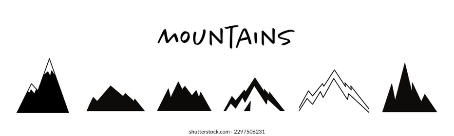 vector mountain illustration set captures the essence of outdoor adventure with its iconic design elements. rugged peaks, towering pines, stunning image is perfect for nature enthusiasts
