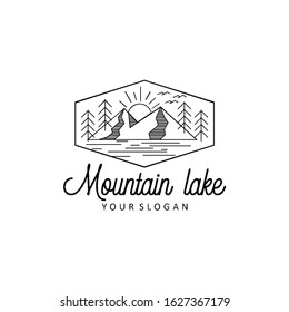 Vector mountain lake badge monoline logo design – minimalist circular emblem featuring stylized mountains, calm lake, and natural scenery in single line art, perfect for outdoor brands, adventure club