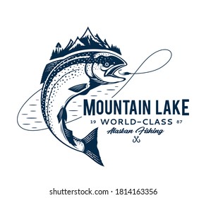 Vector mountain lake fishing logo with salmon fish, fishing line, hook and mountains. Fishing tournament, tour and camp illustrations