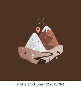 Paisaje de montaña vectorial con montañas marrones y blancos con capas de nieve en la cima. La carretera que conduce a las montañas.