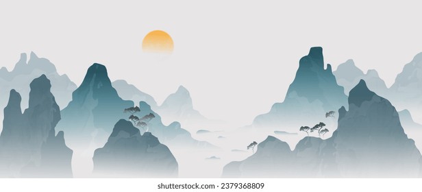 Vector mountain landscape with Chinese style background. Japanese watercolor painting with blue hills, trees in the fog. Oriental wallpaper design for wall art, print, decor, packaging.	