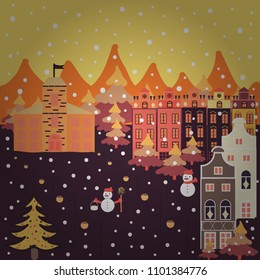 Vector. Mountain landscape. Christmas illustration on yellow, violet and orange colors. Winter. Cloudy winter landscape. Lonely house on a hill.