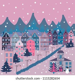 Vector. Mountain landscape. Christmas illustration on neutral, blue and pink colors. Lonely house on a hill. Cloudy winter landscape. Winter.