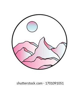 vector mountain  landscape in a circle pink colors for logo, icons and banners