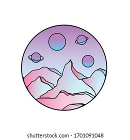 Vektorillustration Berglandschaft im Kreis , Vektorillustration-Weltraumgrafik mit Planeten