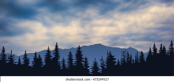 Vector mountain landscape with cloudy sky and silhouette of forest on the foreground
