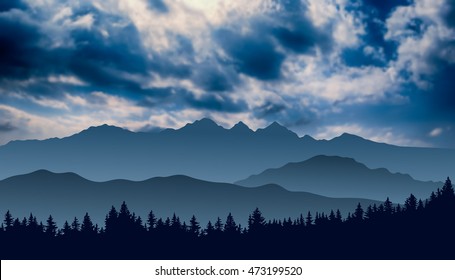 Vector mountain landscape with cloudy sky and silhouette of forest on the foreground